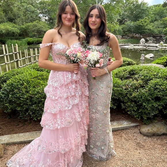 Sherri Hill Blush Pink Lace Off-Shoulder A-Line Tulle Sequin Prom Gown - Picture 7 of 8